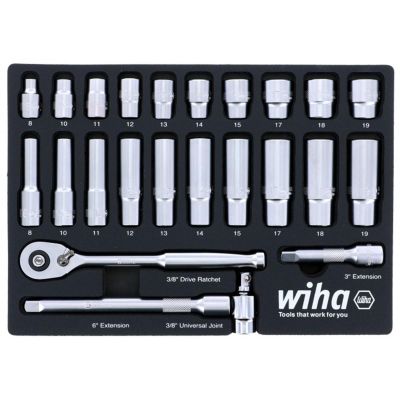 WIH33795 image(0) - Set Includes - 10 Standard Sockets 8 - 19mm | 10 Deep Sockets 8 - 19mm | 3/8” Drive Ratchet 72 Tooth | 3/8” Drive Extension Bars 3”, 6” | 3/8” Drive Universal Joint
