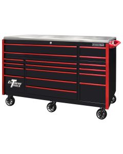 Extreme Tools EXQ Series 72"W x 30"D 17-Drawer Pro Triple Bank Roller Cabinet Black w/ Red Quick Release Drawer Pulls