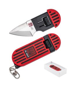 SUNAMK1001RBK image(0) - SUNEX 1.3 Inch Stinger Ultralight Key Ring Al Mar Wedge D2 Blade EDC Knife with Sheath in White Giftable Box - Red/Black