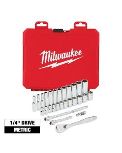 MLW48-22-9504 image(0) - Milwaukee Tool 28pc 1/4" Drive Metric Ratchet & Socket Set with FOUR FLAT Sides