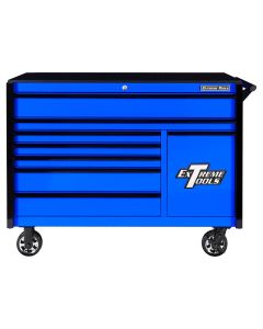 EXTDX552508RCBLBK image(0) - Extreme Tools DX Series 55in W x 25in D 8-Drawer Roller Cabinet W/Power Tool Drawer, 100 lb Slides, Blue w Black Drawer Pulls