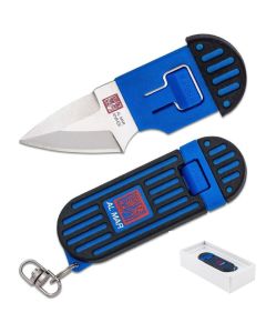 SUNAMK1001BKBL image(0) - SUNEX Al Mar Stringer 1.3 Inch D2 Wedge Blade Keychain Knife with Thermoplastic Rubber Handle and Shealth in Giftable Box - Blue/Black