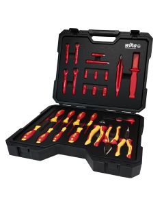 Wiha Tools Insulated 26 Piece Tool Set with Sockets, Ratchets, Extension Bars, Wrenches, Pliers, Cutters, Screwdrivers, Cable Stripping Knife, and Tweezers in 18.11" L x 14.56" W x 4.33" H Tool Case.