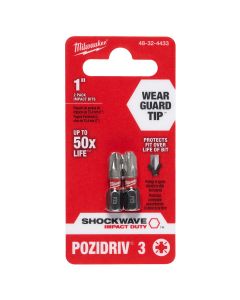 MLW48-32-4433 image(0) - Milwaukee Tool Shockwave 1" Impact Pozidriv #3Insert Bits (2PK)