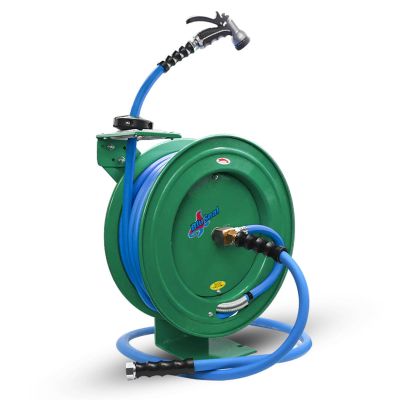 BLBBSWR5850-GN image(0) - BluBird BluSeal Garden Hose Reel 5/8" x 50' Retractable Heavy Duty Steel Construction with Garden Hose, Spray Nozzle, 6' Lead-in Hose - Green