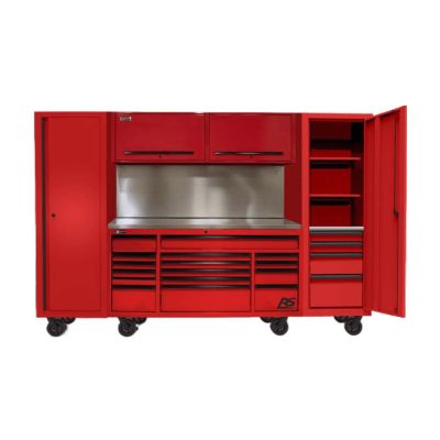 HOMRDCTS12001 image(0) - Homak Manufacturing 120" RS PRO CTS Roller Cabinet & Side Lockers Combo with Solid Backsplash - Red