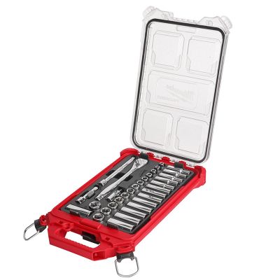 MLW48-22-9482 image(0) - Milwaukee Tool 32pc 3/8" Metric Ratchet and Socket Set with PACKOUT Low-Profile Compact Organizer