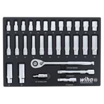 WIH33895 image(0) - Wiha Set Includes 12 Standard Sockets 10 - 21mm | 13 Deep Sockets 10 - 22mm | 1/2” Dr. Ratchet 72 Tooth | 1/2” Dr. Extension Bars 3”, 6” | 1/2” Dr. Universal Joint