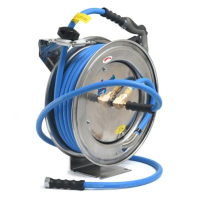 BLBBSWRSS1250HRS image(0) - BluBird BluSeal Stainless Steel Water Hose Reel 1/2" x 50' Retractable with Swivel Mount, Rubber Garden Hose, 6' Lead-in, Spray Nozzle