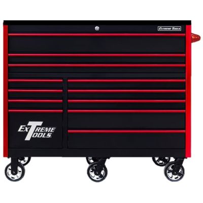 EXTRX552512RCBKRD-X image(0) - Extreme Tools Extreme Tools RX Series Professional 55"W x 25"D 12 Drawer Roller Cabinet 150 lbs slides Black, Red Drawer Pulls