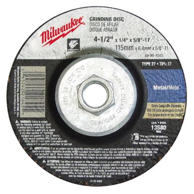 MLW49-94-4585 image(0) - Milwaukee Tool 4-1/2" x 1/4" x 5/8-11" Grinding Wheel (Type 27)