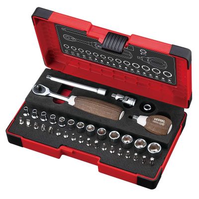 VESHRW2001MW image(0) - Vessel Tools WOOD-COMPO Socket Wrench Set No.HRW2001M-W 1/4" SQ Drive 36PC. Set