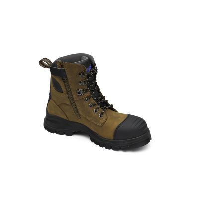 BLU983-090 image(0) - Blundstone Steel Toe Lace Up Side Zip, Water Resistant, Bump Cap, Puncture Resistant Insole, Crazy Horse Brown, AU size 9, US size 10