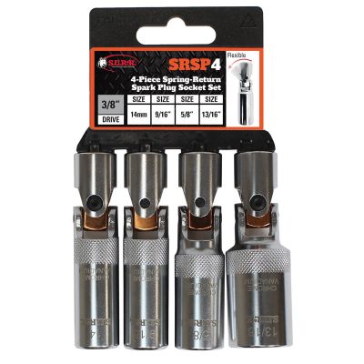 SRRSRSP4 image(0) - SUR&R SRSP4 4-Piece 3/8” Drive Spring-Return Spark Plug Socket Set makes spark plug removal/replacement easier and faster