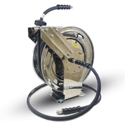 BLBPWRSS38100 image(0) - BluBird BluShield 3/8" Retractable Stainless Steel Pressure Washer Hose Reel with Aramid Braided Hose, 6' Lead-in Hose - 100 Feet