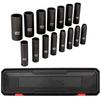 MIL1300-SS-O2 image(0) - Milton Industries 15pcs 3/8 Dr. 6-20MM Deep Socket  Set