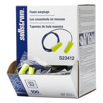 SRWS23412 image(0) - Sellstrom Sellstrom - Earplugs - Disposable - Foam Bullet Shape - Corded - NRR 32 - Hi-Viz Green - 100 Pair Dispenser Box