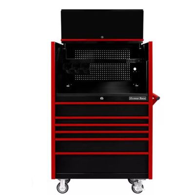 EXTDX4107HRKR image(0) - Extreme Tools DX Series 41in W x 25in D Extreme Power Workstation® Hutch and 6 Drawer 25in Deep Roller Cabinet - Black with Red Drawer Pulls 100-200 lb. Slides