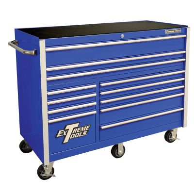 EXTRX552512RCBLCR-X image(0) - Extreme Tools RX Series 55in. W x 25in. D 12 Drawer Roller Cabinet, 150 lbs. Slides, Blue w Chrome Drawer Pulls and Trim