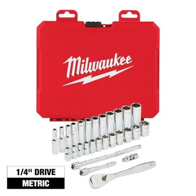 MLW48-22-9504 image(0) - Milwaukee Tool 28pc 1/4" Drive Metric Ratchet & Socket Set with FOUR FLAT Sides