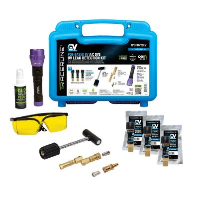 TRATPOPUV20EV image(0) - Tracer Mini-EZ™ POE-Based EV A/C Leak Detection Kit includes (3) 0.25 oz (7 ml) single-dose EV A/C dye cartridges, TPOPUV OPTI-PRO UV flashlight, R-134a coupler, R-1234yf adapter, GLO-AWAY™ Plus, glasses, and medium bl