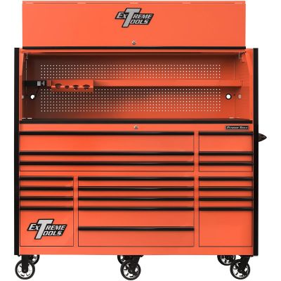 EXTRX723020HROK image(0) - Extreme Tools RX Series 72"W x 30"D Pro Hutch & 19 Drawer Roller Cabinet Combo; Orange w Black Drawer Pulls