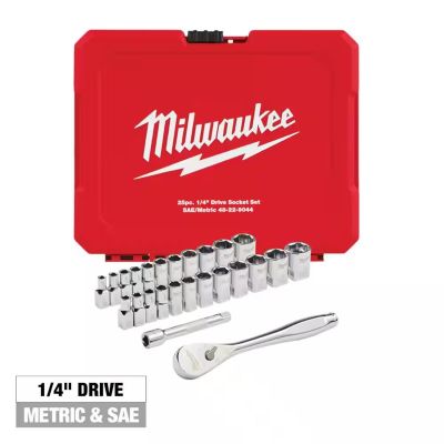 MLW48-22-9044 image(0) - Milwaukee Tool 25pc 1/4" Drive Metric & SAE Ratchet and Socket Set with FOUR FLAT SIDES