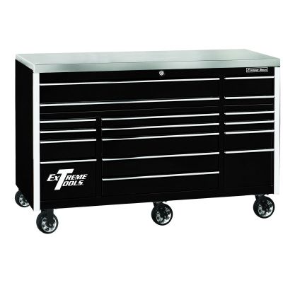 EXTEX7217RCQBKCR image(0) - Extreme Tools EXQ Series 72"W x 30"D 17-Drawer Pro Triple Bank Roller Cabinet Black w/ Chrome Quick Release Drawer Pulls