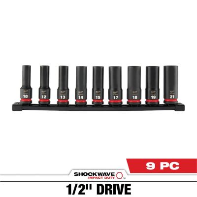 MLW49-66-7032 image(0) - Milwaukee Tool 9PC SHOCKWAVE Impact Duty 1/2" Drive Metric Deep 6 Point Socket Set