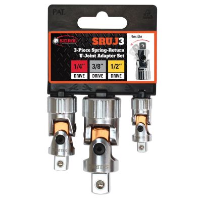 SRRSRUJ3 image(0) - SUR&R SRUJ3 3-Piece 3/8" female Spring-Return U Joint Adapter Set with dual springs for maintaining alignment and precise control. Excellent for Use in Tight Spaces and One-Handed Operation.