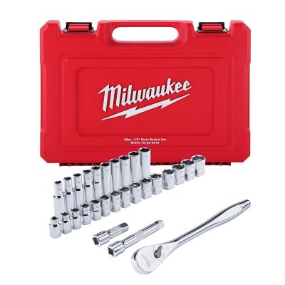 MLW48-22-9510 image(0) - Milwaukee Tool 28 pc 1/2" Drive Metric Ratchet and Socket Set with FOUR FLAT Sides