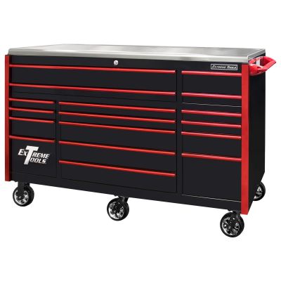 EXTEX7217RCQBKRD image(0) - Extreme Tools EXQ Series 72"W x 30"D 17-Drawer Pro Triple Bank Roller Cabinet Black w/ Red Quick Release Drawer Pulls