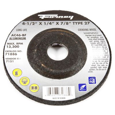 FOR71886 image(0) - Forney Industries GRINDING WHEEL, ALUMINUM, TYPE 27, 4-1/2 IN X 1/4 IN X 7/8 IN