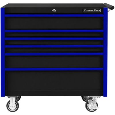 EXTDX412506RCBKBL image(0) - Extreme Tools DX Series 41in. W X 25”D 6 Drawer Roller Cabinet, 100 lbs Slides, Black with Blue Drawer Pulls