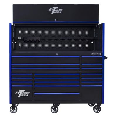 EXTRX723020HRKU image(0) - Extreme Tools RX Series 72"W x 30"D Pro Hutch & 19 Drawer Roller Cabinet Combo; Black w Blue Drawer Pulls