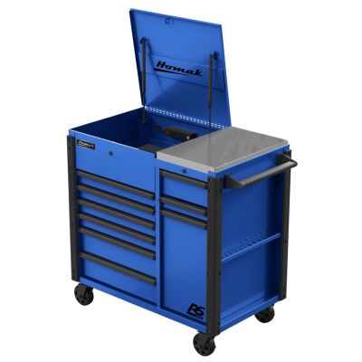 HOMBL06044090 image(0) - Homak Manufacturing 44 Inch RS Pro 9 Drawer Flip Top Power Service Cart w/ Workstation - Blue