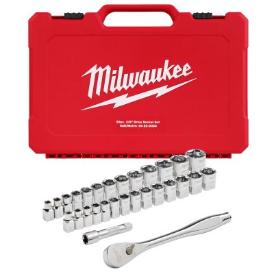 MLW48-22-9088 image(0) - Milwaukee Tool 29pc 3/8" Drive Metric & SAE Ratchet and Socket Set with FOUR FLAT SIDES