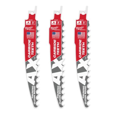 MLW48-00-5331 image(0) - Milwaukee Tool 6" 3 TPI The AX with Carbide Teeth for Pruning & Clean Wood SAWZALL Blade 3PK