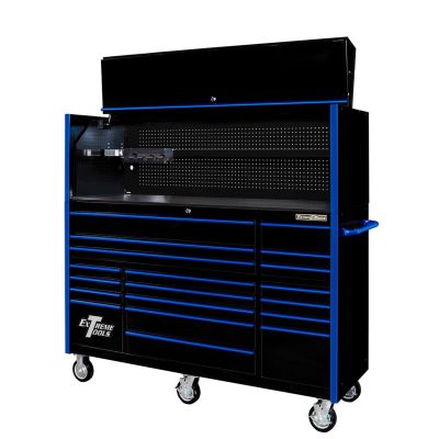 EXTRX7220HRKU image(0) - Extreme Tools EXTREME TOOLS 72" RX SERIES 19-DRAWER 25" DEEP ROLLER CABINET W/HUTCH, 150 LB SLIDES - BLACK W/BLUE HANDLES