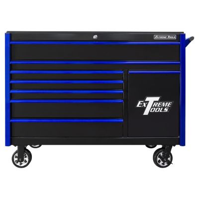 EXTDX552508RCBKBL image(0) - Extreme Tools DX Series 55in W x 25in D 8-Drawer Roller Cabinet W/Power Tool Drawer, 100 lb Slides, Black w Blue Drawer Pulls