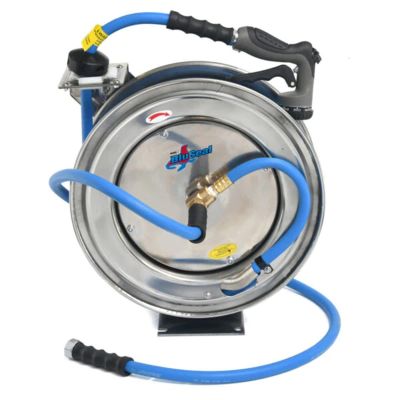 BLBBSWRSS5850 image(0) - BluBird BluSeal Stainless Steel Water Hose Reel 5/8" x 50' Retractable with Rubber Garden Hose, 6' Lead-in, Spray Nozzle