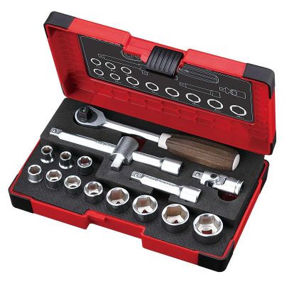 VESHRW3002MW image(0) - Vessel Tools WOOD-COMPO Socket Wrench Set No.HRW3002M-W 3/8" SQ Drive 16PC. Set