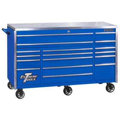 EXTEX7217RCQBLCR image(0) - Extreme Tools EXQ Series 72"W x 30"D 17-Drawer Pro Triple Bank Roller Cabinet Blue w/ Chrome Quick Release Drawer Pulls