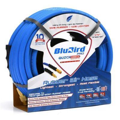 BLBBB14100-QC image(0) - BluBird BluBird Pro Rubber Air Hose with Universal Quick Connect Coupler, Brass MNPT Industrial Fitting - 1/4" x 100 Feet