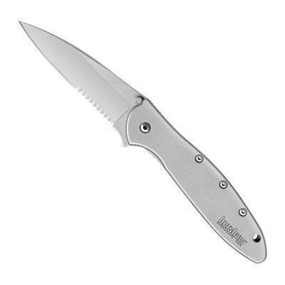 KER1660ST image(0) - Kershaw Leek-Serrated Assisted Open Frame Lock Drop Point Blade EDC Folding Pocket Knife - Silver