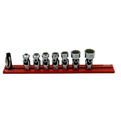 VIMDDSUJ400 image(0) - VIM Tools 7 Piece 12 Point Dual Drive Stubby UJ SAE Socket Set - 1/4 Inch X 11 mm Drive - Red Magrail